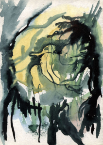 "Жёлтый баклан в лесу" 1989. Тушь, перо, акварель. 15х18