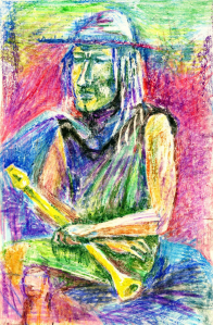 "С флейтой" 1989, картон, масляная пастель. 18х28